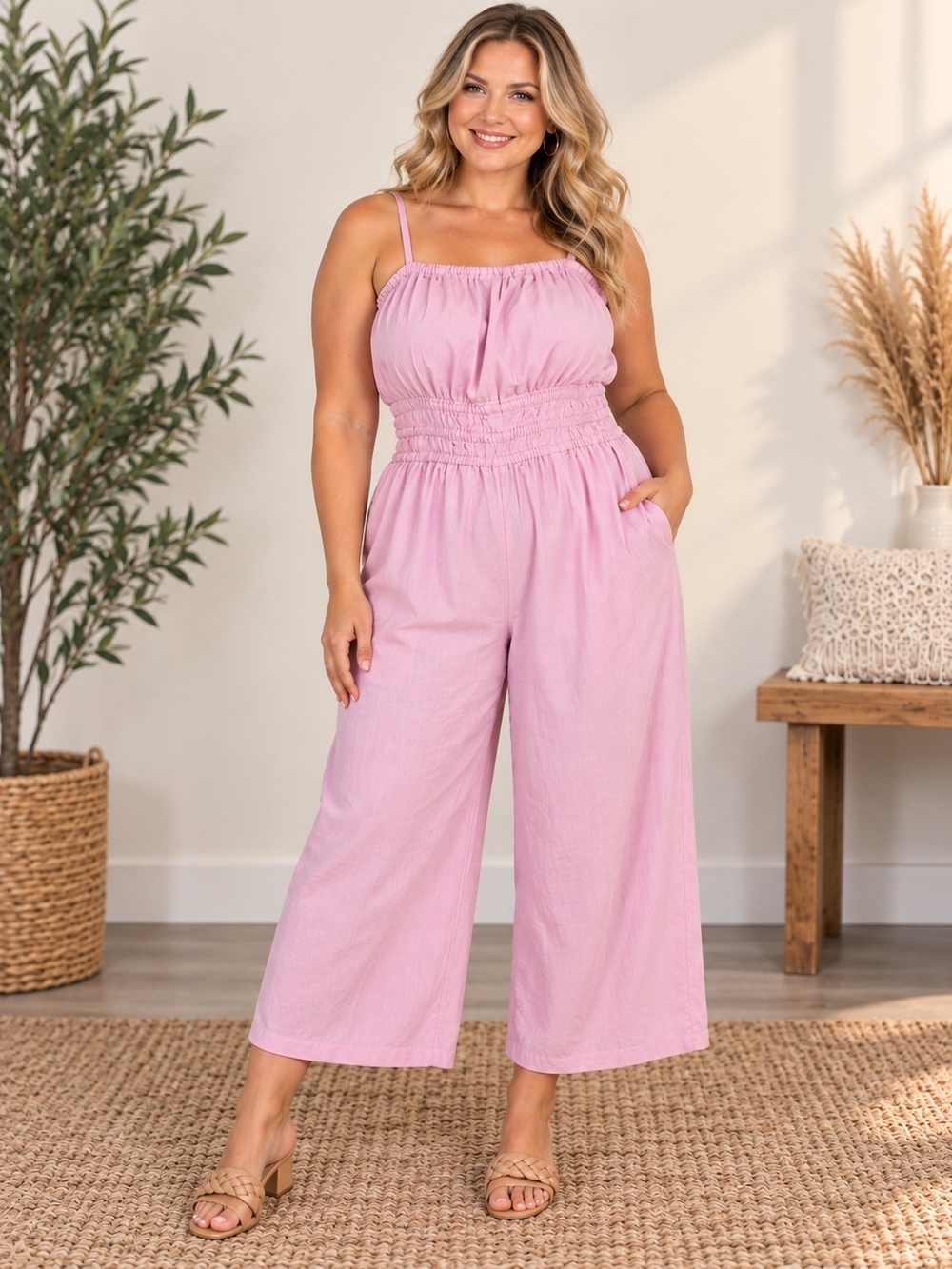A129. Old Navy Waist-Defined Linen-Blend Cropped Smocked Cami Jumpsuit Pink XL